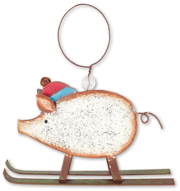 Faire: Sunset Vista Designs Holiday Ornaments Rustic Skiing Pig Ornament Metal Art